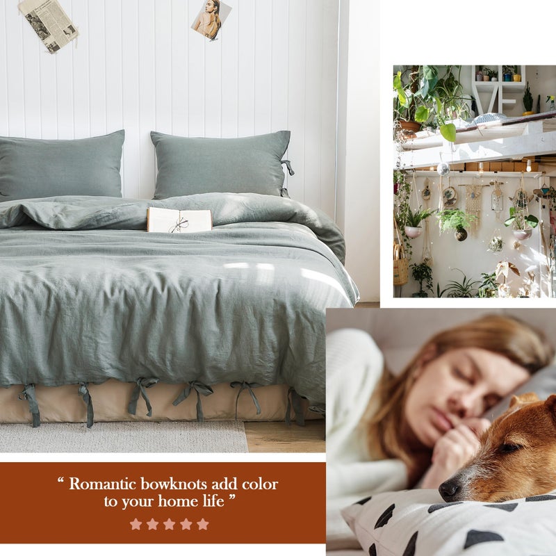 Simple&Opulence 100% Linen Duvet Cover Set, 3 Pieces Belgian Flax Breathable Bedding, King Size 104''x92'' (1 Comforter Cover+2 Pillowshams) with Tie Closure Style,Greyish-Green - Image 3